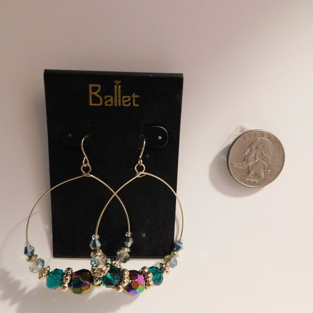 Ballet Ladies Beaded Hoop Earrings Gold Green Tones Hook Fasteners